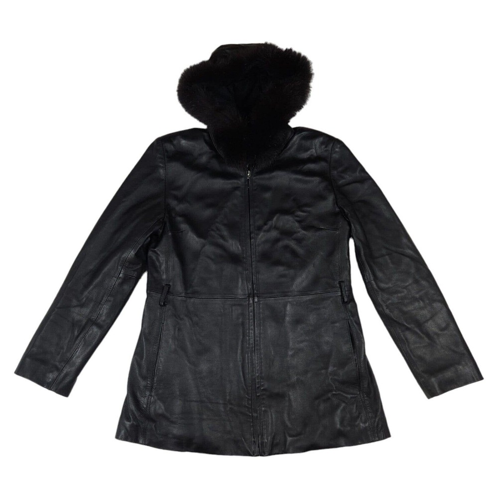 VINTAGE Marvin Richards Black Fox Fur Hooded Full Zip Leather Jacket - Size M